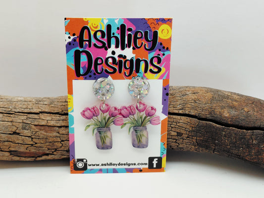 Tulips In Jar Dangle Earrings