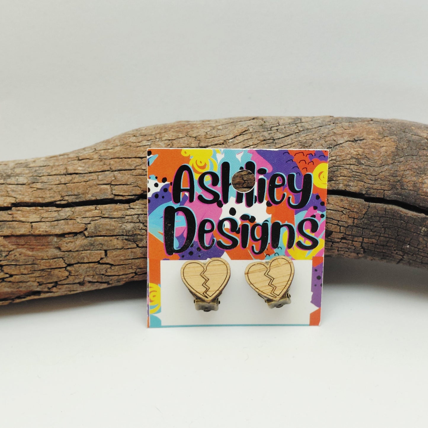 Wood Broken Heart Clip-ons