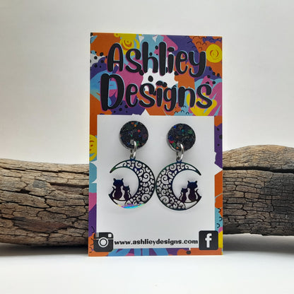 Rainbow Metal Moon/Cat Dangle Earrings