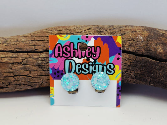 Ice Blue Glitter Clip-on Earrings