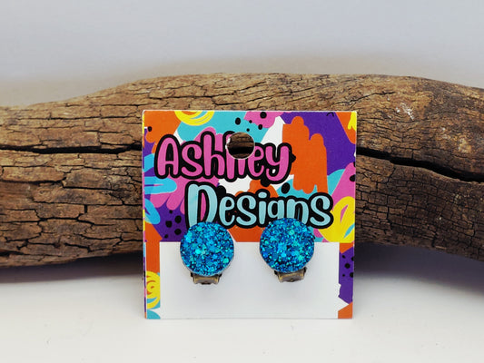 Medium Blue Glitter Clip-on Earrings