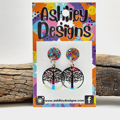 Rainbow Metal Tree Of Life Dangle Earrings