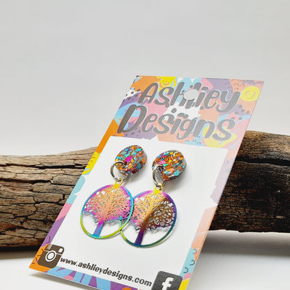 Rainbow Metal Tree Of Life Dangle Earrings