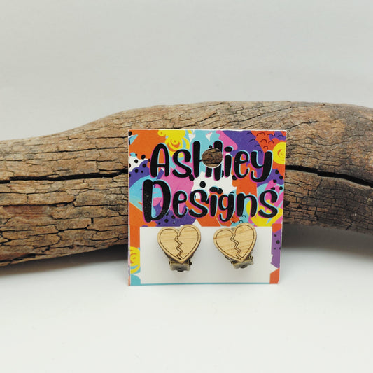 Wood Broken Heart Clip-ons